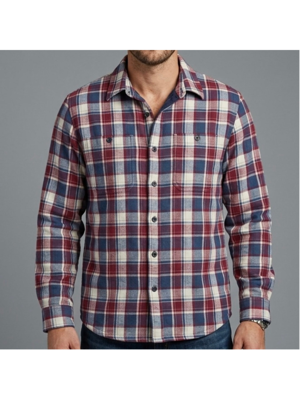 L.L. Bean Men’s Fleece-Lined Flannel Shirt Jacket Plaid Red Navy Blue Medium M